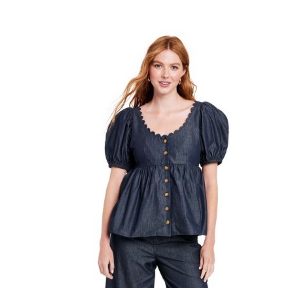 Kika Vargas x Target Puff Sleeve Button-Down Top in Indigo, XS